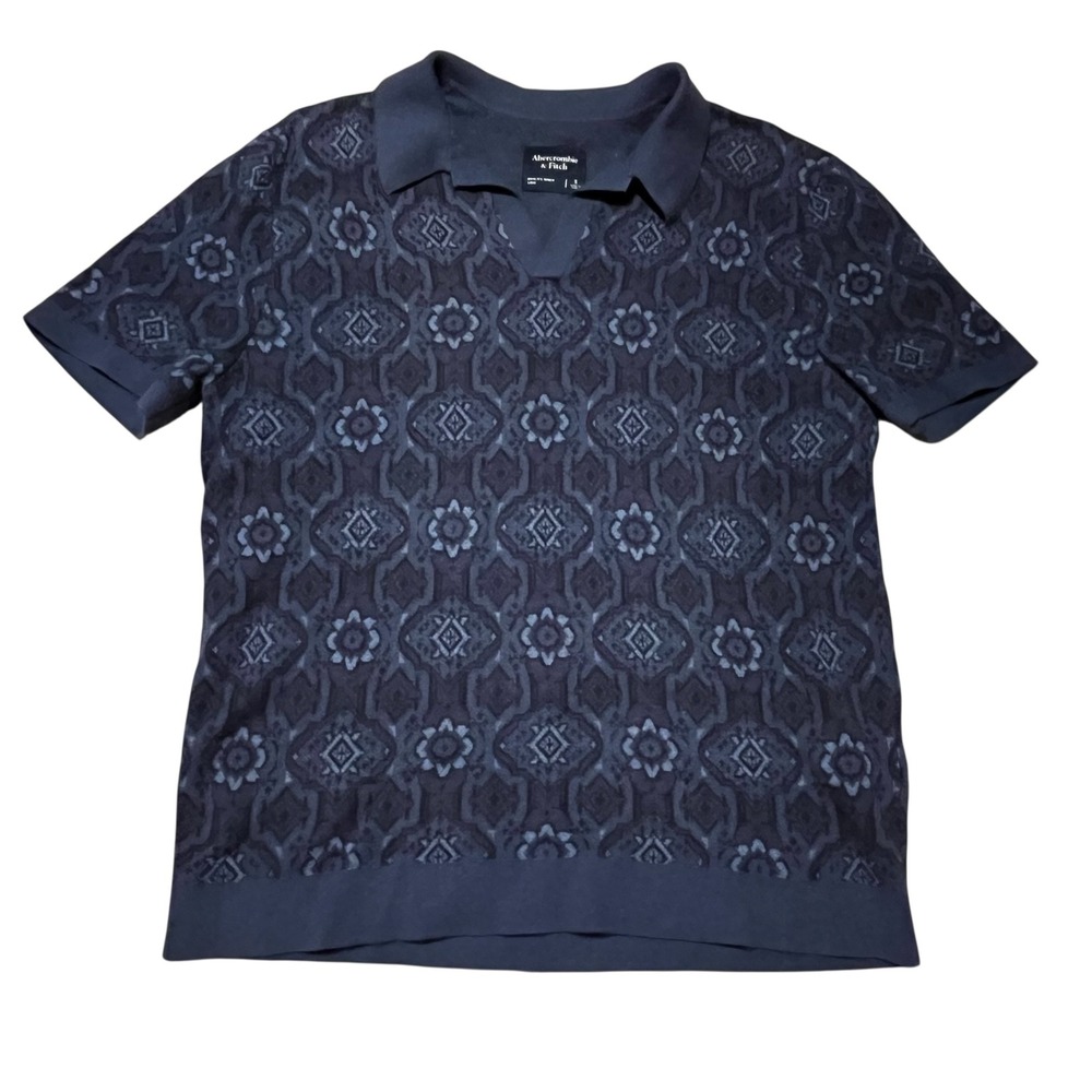 Abercrombie & Fitch Mens Navy Geometric Jacquard Knit V-Neck Polo Sweater Small